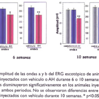 Figura 2. Amplitud de las ondas a y b del ERG escotópico de animales intactos o inyectados con vehículo o AH durante 6 o 1 O semanas. Ambos parámetros disminuyeron significativamente en los animales inyectados con AH en ambos períodos. No se observaron diferencias entre animales intactos e inyectados con vehículo durante 10 semanas.* p<0.05, p<0.0 I